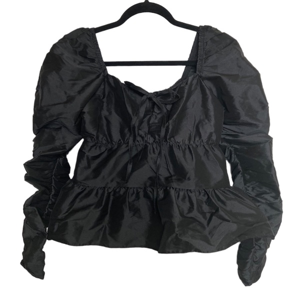 Topshop Black Taffetta Ruched Ruffle Top - Picture 7 of 7